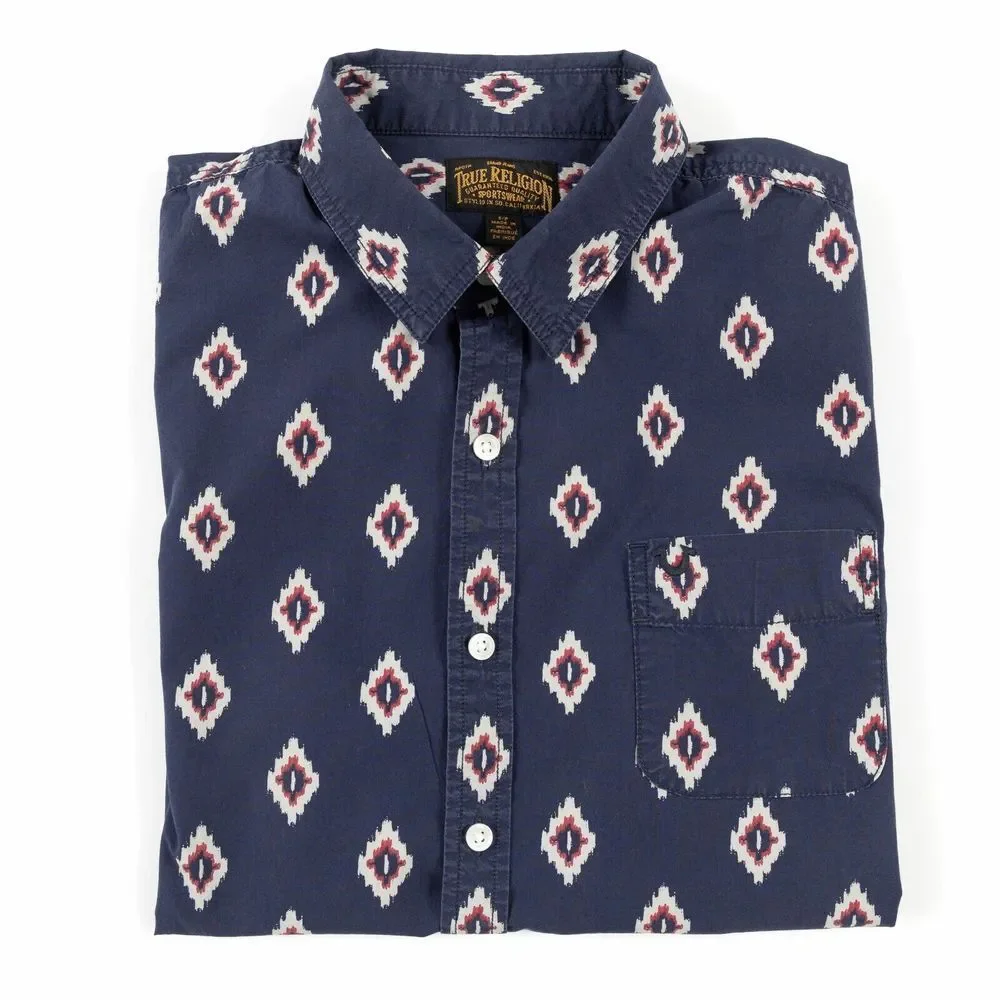 True Religion Aztec Western Poplin Short‎ Sleeve Button Up Shirt Men's Small